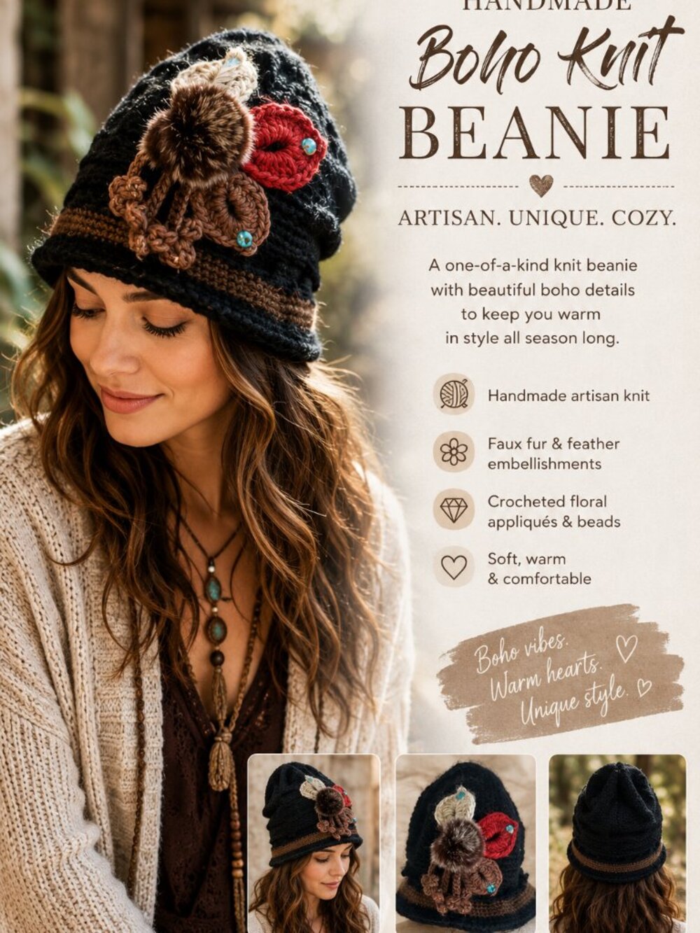 Handmade Boho Knit Beanie Hat Faux Fur Feather Embellished Artisan Wintercore